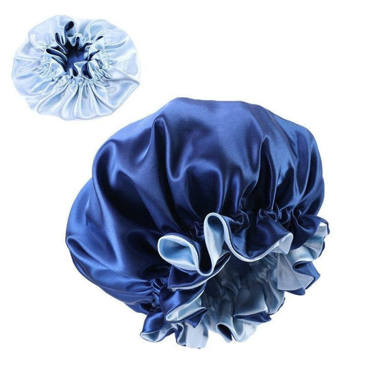 Bonnet satin réversible bleu et marine