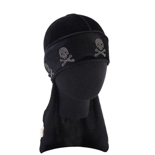 Durag velours pirate noir, strass tête de mort