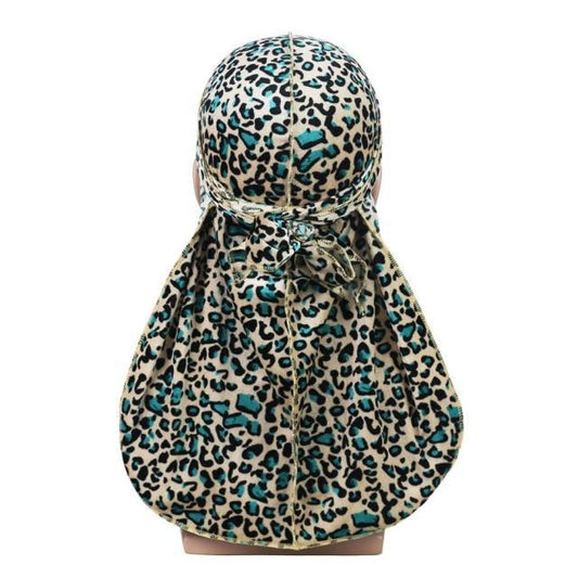 Durag velours léopard bleu, imprimé fauve