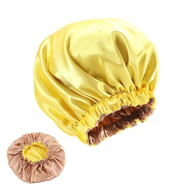 Bonnet satin réversible jaune et bronze
