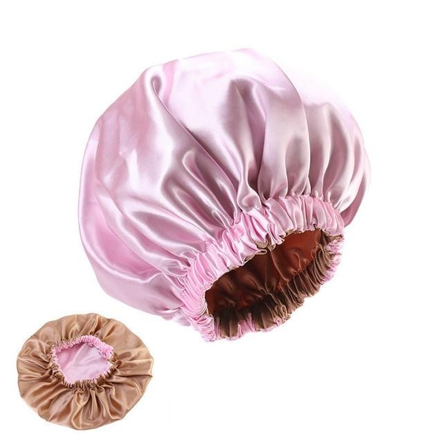 Bonnet satin réversible rose et bronze