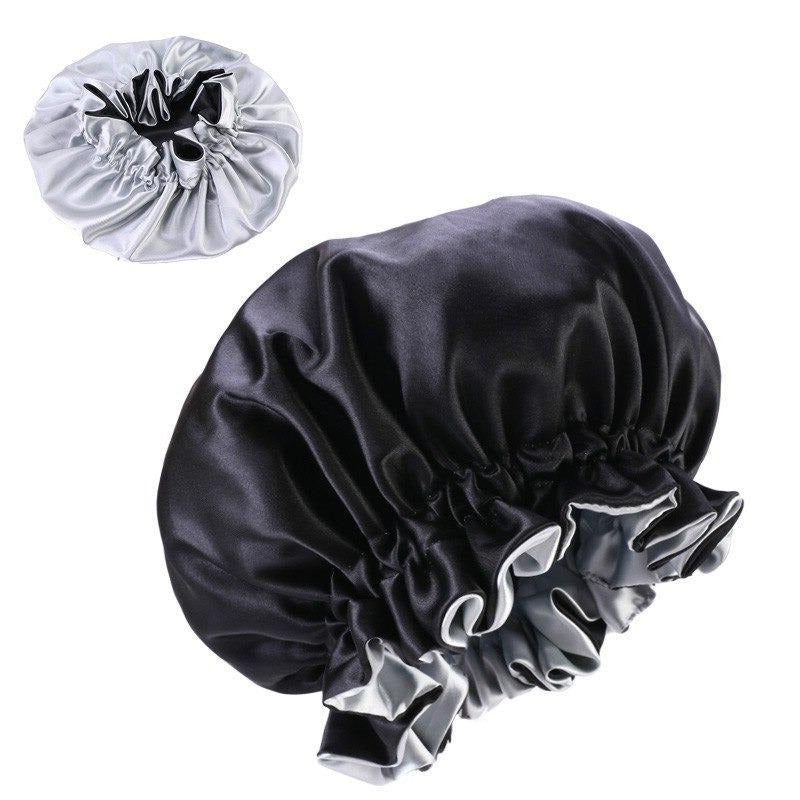 Bonnet satin réversible noir et argent