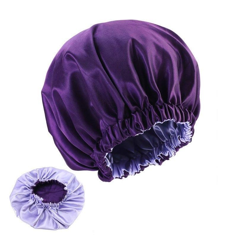 Bonnet satin réversible violet et mauve