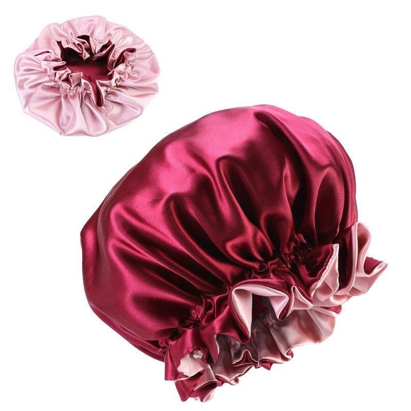 Bonnet satin réversible bordeaux et rose