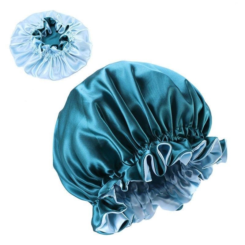 Bonnet satin réversible turquoise et bleu ciel