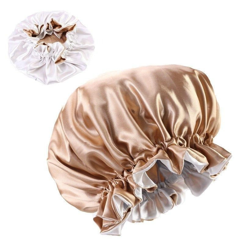 Bonnet satin réversible champagne et beige