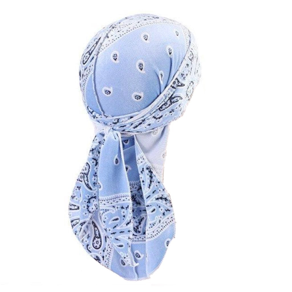 Durag velours bandana bleu ciel, motif cachemire