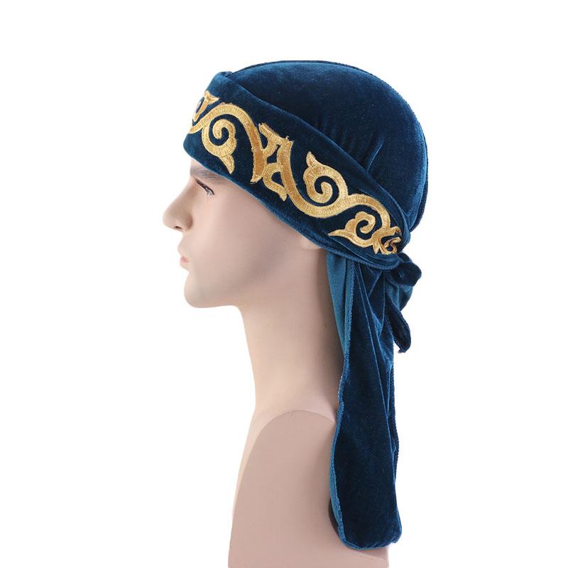 Durag velours prestige bleu, broderie dorée