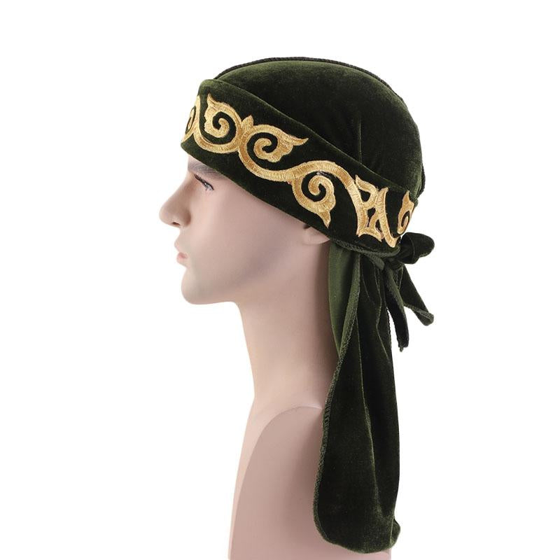 Durag velours prestige vert olive, broderie dorée