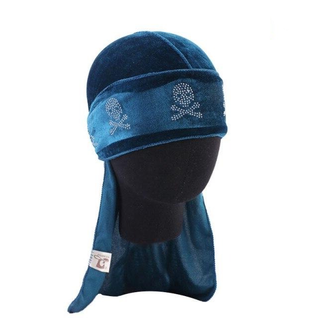Durag velours pirate aqua, strass tête de mort