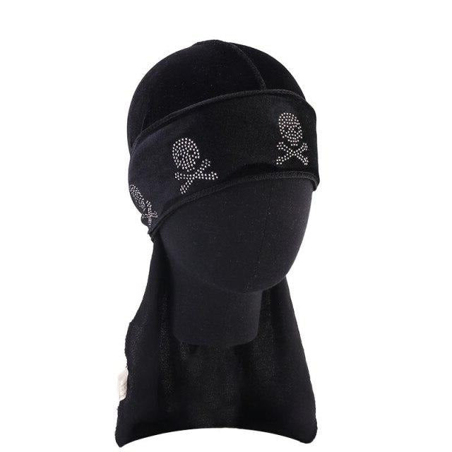 Durag velours pirate noir, strass tête de mort