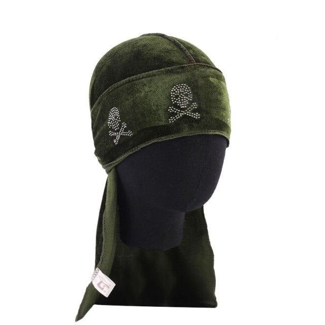 Durag velours pirate vert olive, strass tête de mort