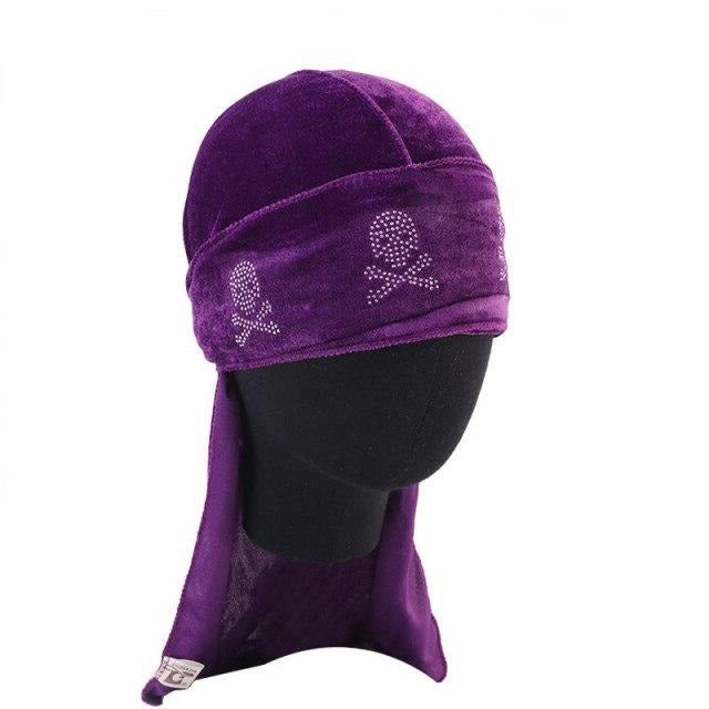 Durag velours pirate violet, strass tête de mort