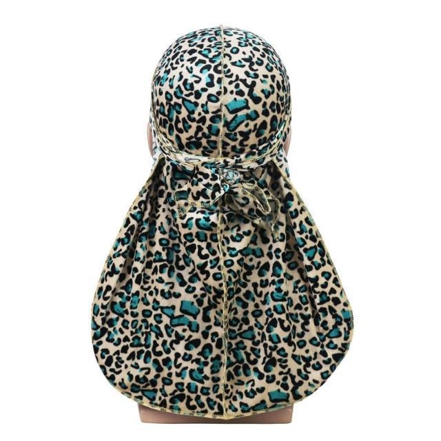 Durag velours léopard bleu, imprimé fauve